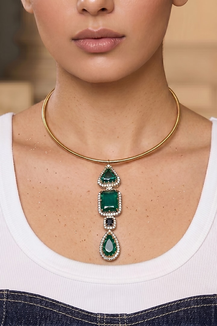 Gold Finish Emerald Hasli Necklace Set by Tad Accessories at Pernia's Pop Up Shop