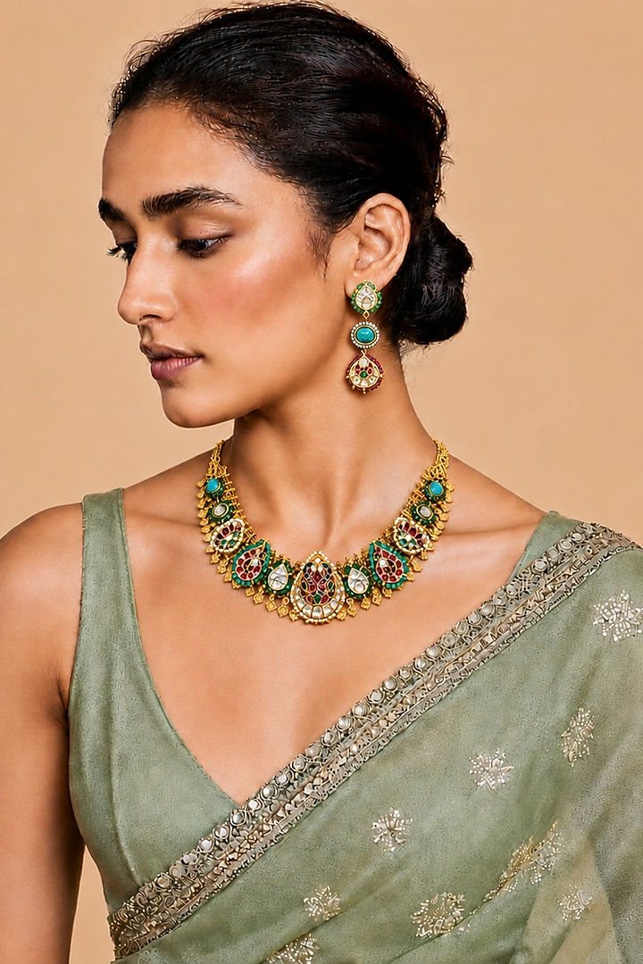 Gold Finish Imitation Polki & Multi-Colored Semi-precious Stone Necklace by Tad Accessories at Pernia's Pop Up Shop