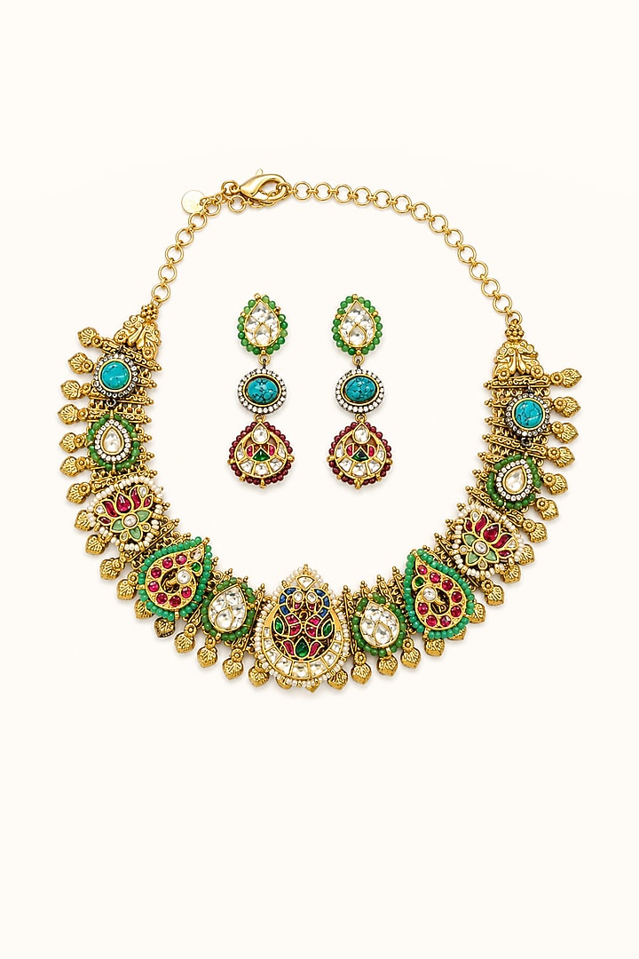 Gold Finish Imitation Polki & Multi-Colored Semi-precious Stone Necklace by Tad Accessories at Pernia's Pop Up Shop