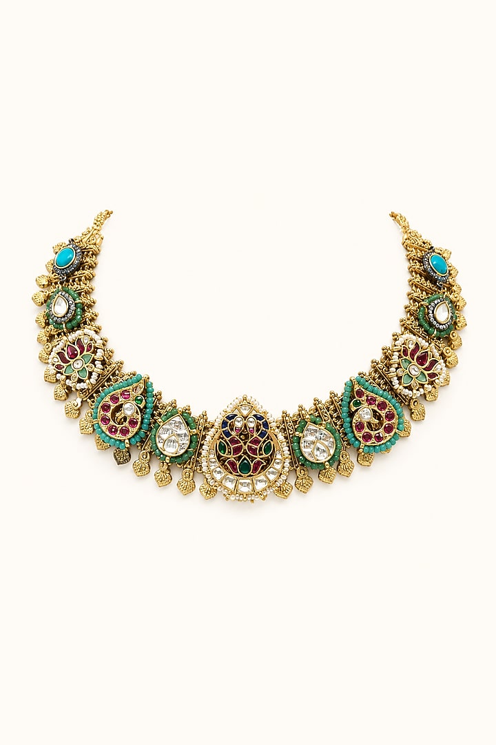 Gold Finish Imitation Polki & Multi-Colored Semi-precious Stone Necklace by Tad Accessories at Pernia's Pop Up Shop