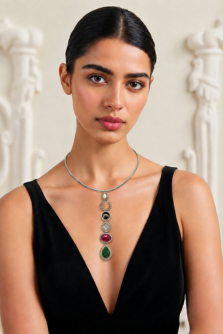 Two-Tone Finish Multi-Colored Stone Necklace by Tad Accessories at Pernia's Pop Up Shop