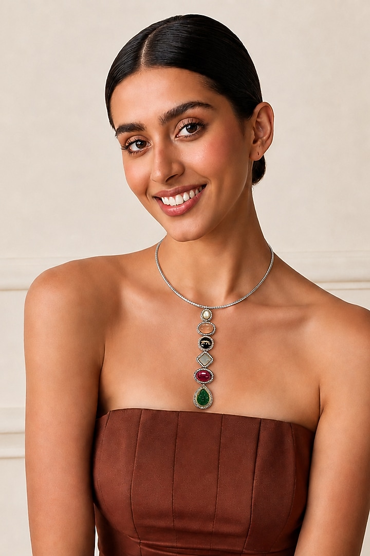 Two-Tone Finish Multi-Colored Stone Necklace by Tad Accessories at Pernia's Pop Up Shop