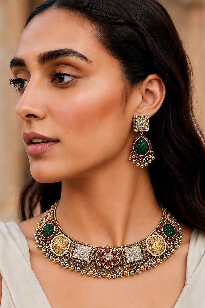 Two-Tone Finish Imitation Polki & Multi-Colored Stone Necklace Set by Tad Accessories at Pernia's Pop Up Shop