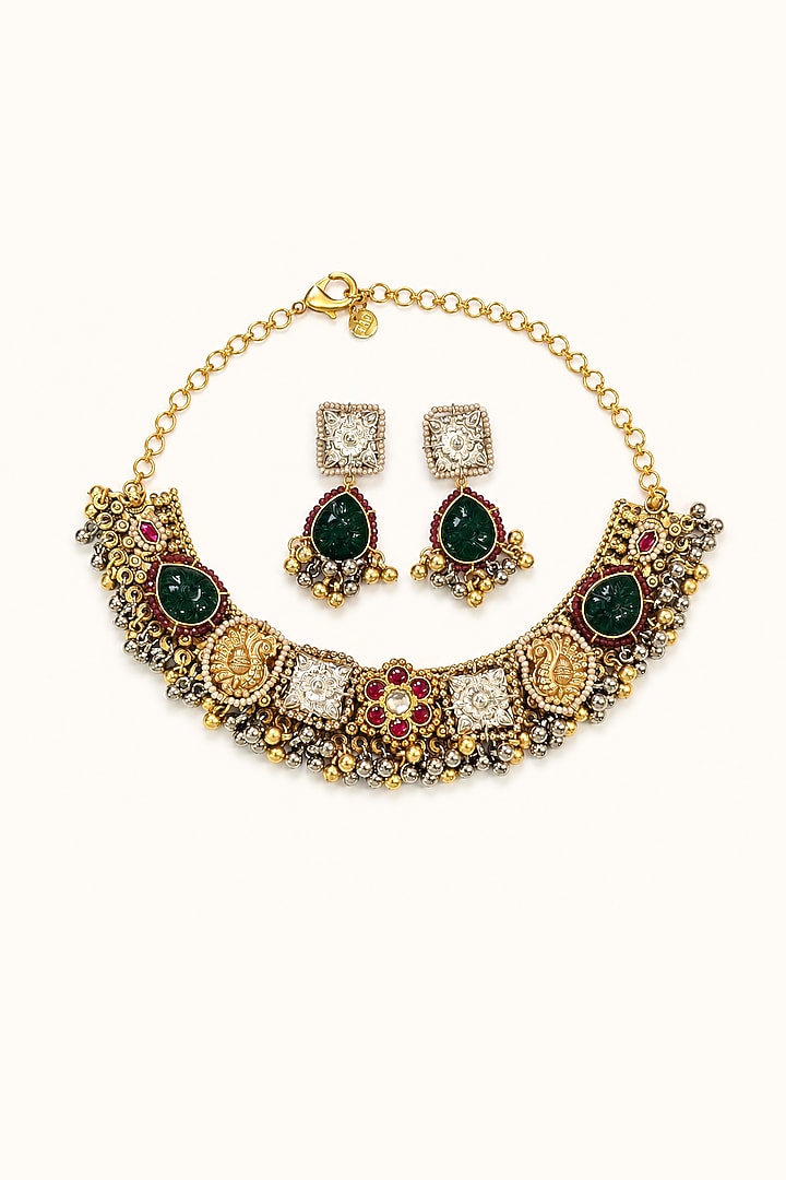 Two-Tone Finish Imitation Polki & Multi-Colored Stone Necklace Set by Tad Accessories at Pernia's Pop Up Shop