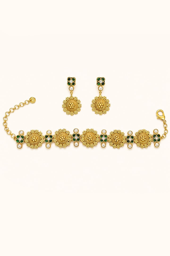 Gold Finish Imitation Polki & Green Stone Choker Necklace Set by Tad Accessories at Pernia's Pop Up Shop