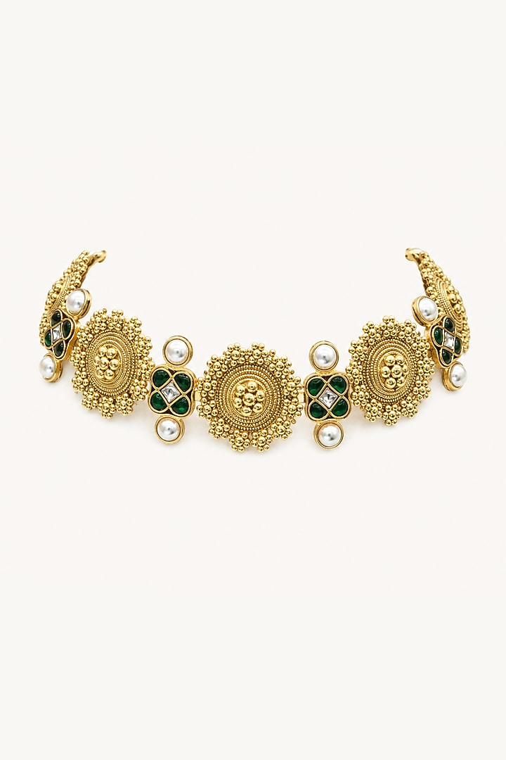 Gold Finish Imitation Polki & Green Stone Choker Necklace Set by Tad Accessories at Pernia's Pop Up Shop