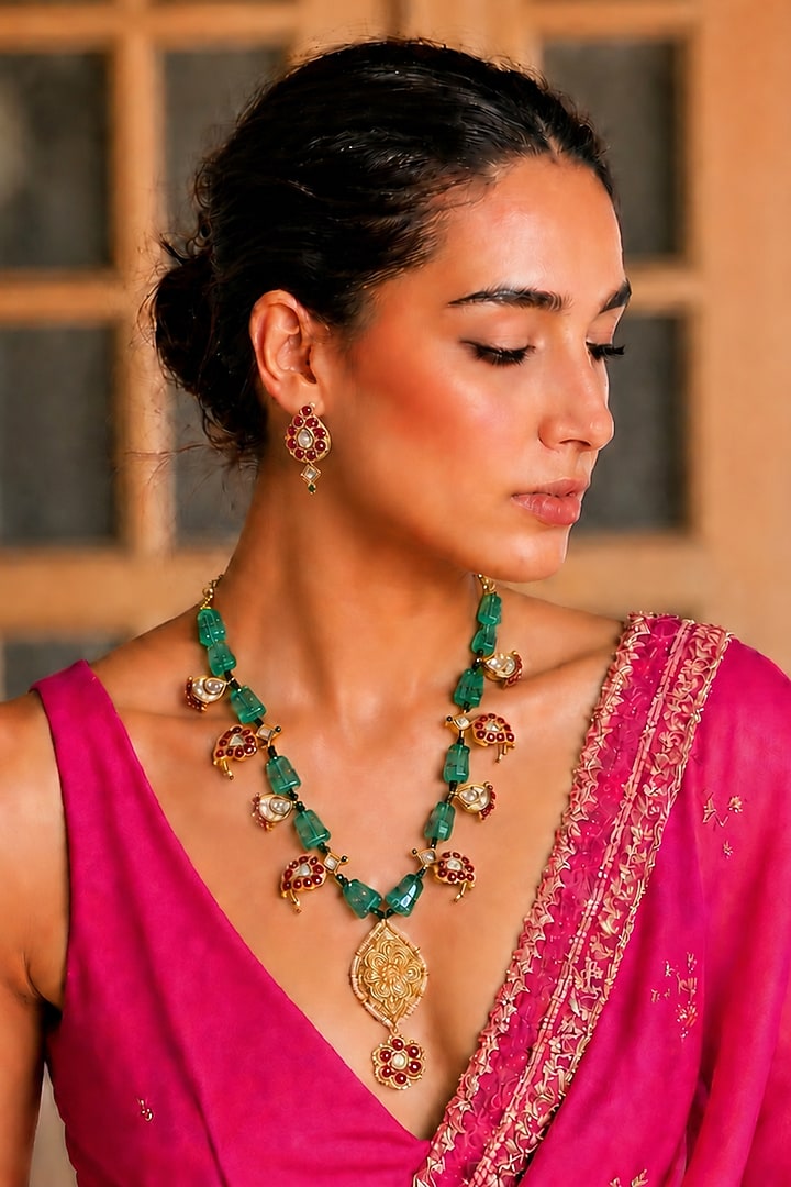 Gold Finish Imitation Polki & Ruby Ston Necklace Set by Tad Accessories at Pernia's Pop Up Shop