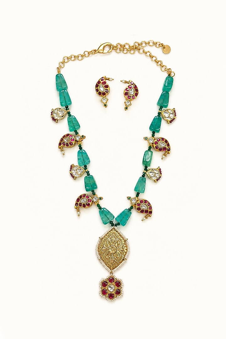 Gold Finish Imitation Polki & Ruby Ston Necklace Set by Tad Accessories at Pernia's Pop Up Shop