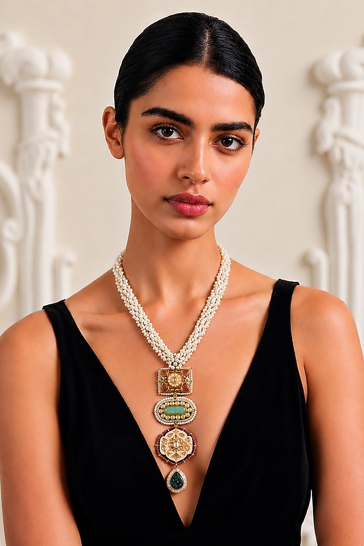 Two-Tone Finish Imitation Polki & Faux Pearl Necklace by Tad Accessories at Pernia's Pop Up Shop
