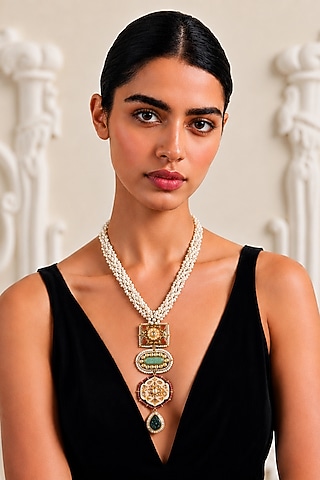Two-Tone Finish Imitation Polki & Faux Pearl Necklace by Tad Accessories