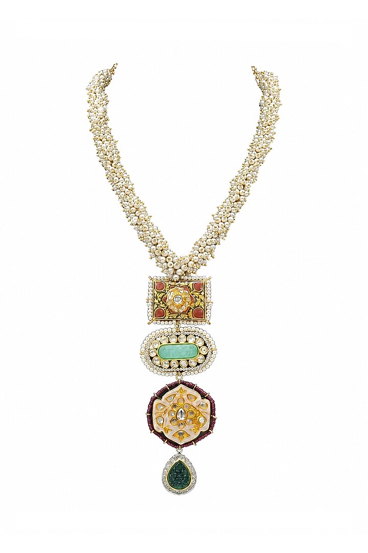 Two-Tone Finish Imitation Polki & Faux Pearl Necklace by Tad Accessories at Pernia's Pop Up Shop