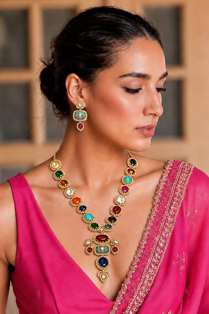 Gold Finish Imitation Polki & Multi-Colored Semi-precious Stone Necklace Set by Tad Accessories at Pernia's Pop Up Shop