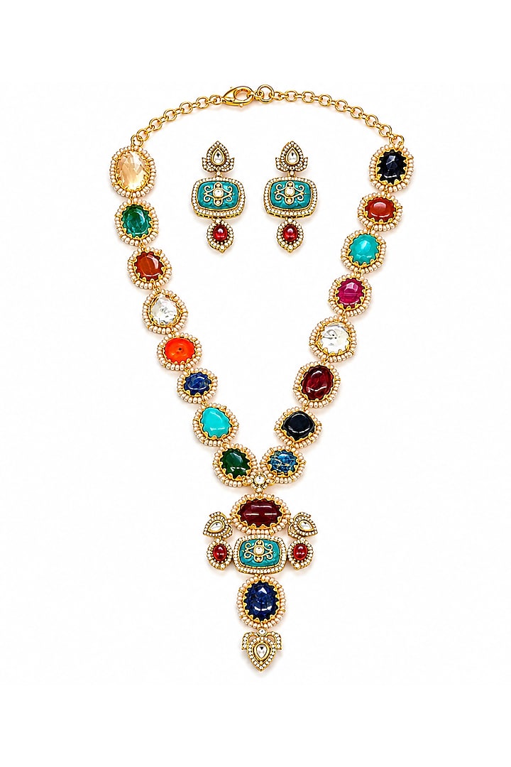 Gold Finish Imitation Polki & Multi-Colored Semi-precious Stone Necklace Set by Tad Accessories at Pernia's Pop Up Shop