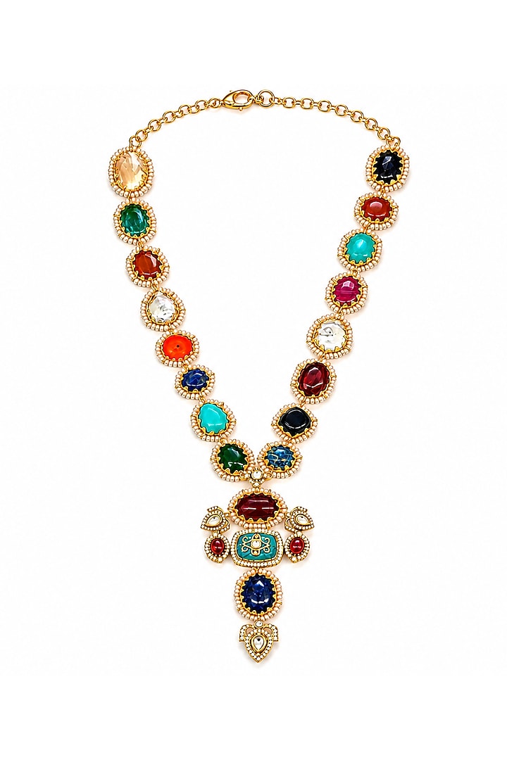 Gold Finish Imitation Polki & Multi-Colored Semi-precious Stone Necklace Set by Tad Accessories at Pernia's Pop Up Shop