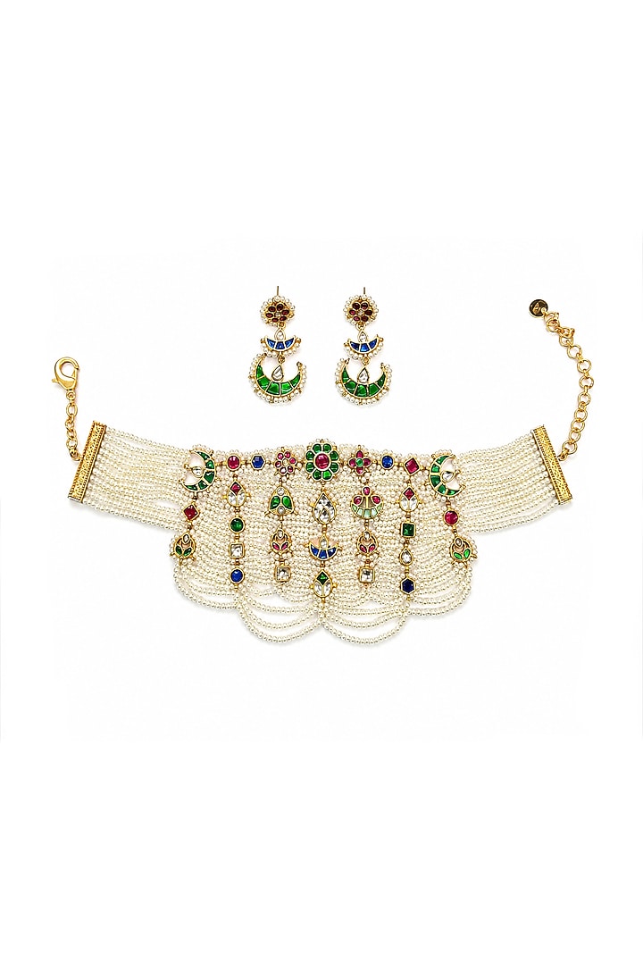 Gold Finish Faux Pearl & Multi-Colored Semi-precious Stone Necklace Set by Tad Accessories at Pernia's Pop Up Shop