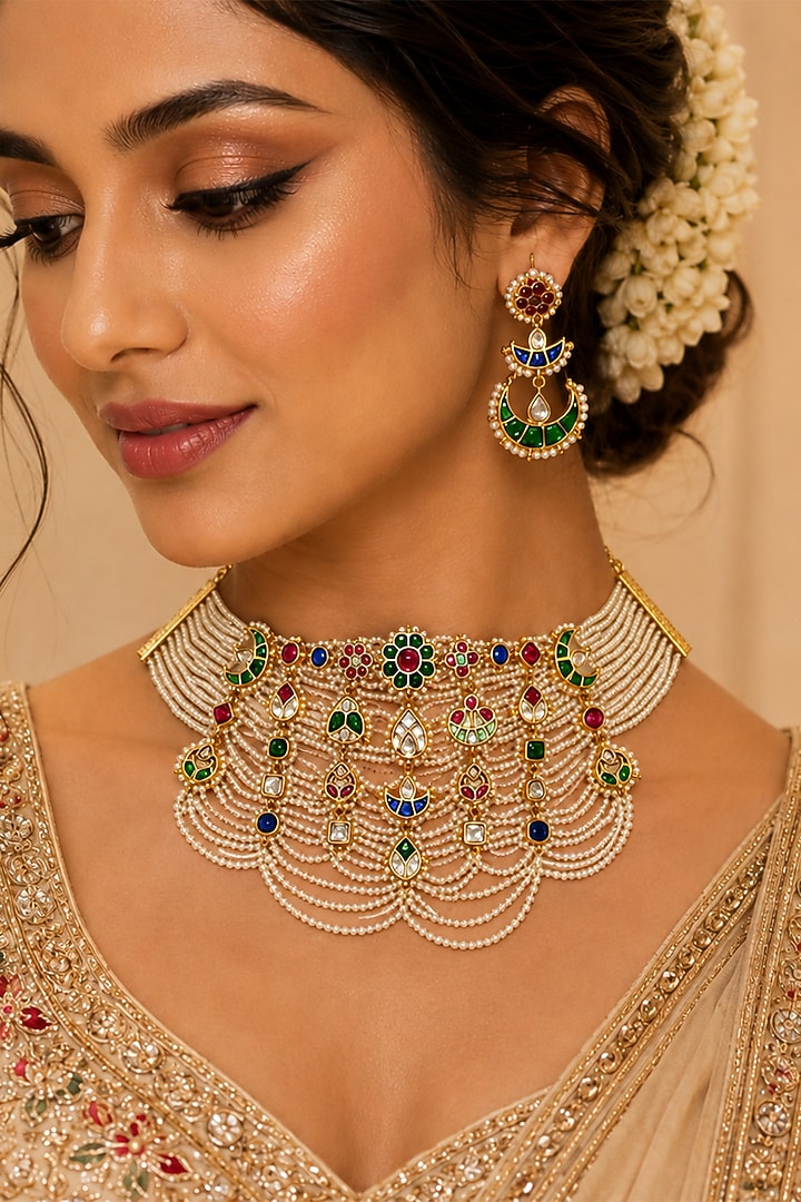 Gold Finish Faux Pearl & Multi-Colored Semi-precious Stone Necklace Set by Tad Accessories at Pernia's Pop Up Shop