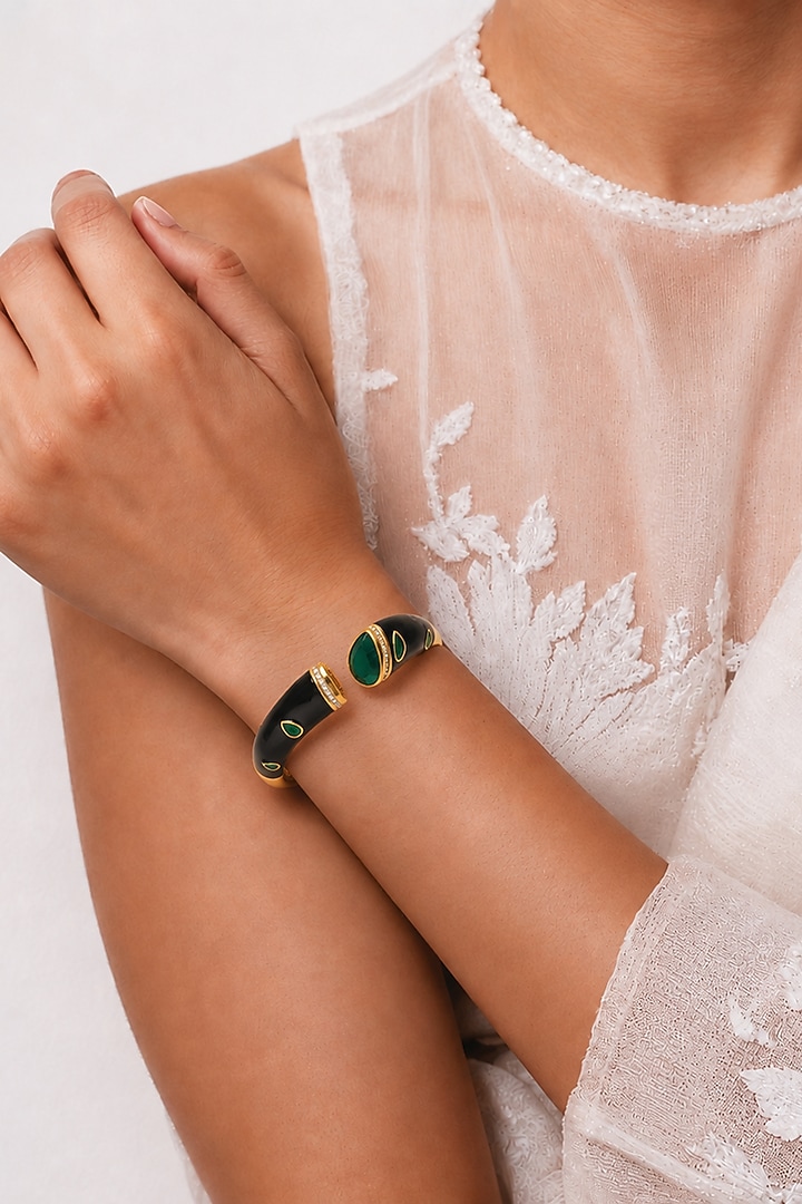 Gold Finish Green Stone Enameled Bangle by Tad Accessories at Pernia's Pop Up Shop