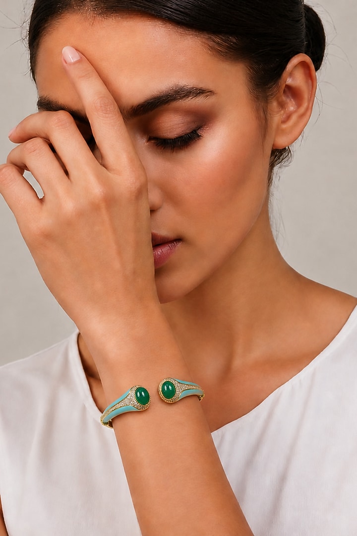 Gold Finish Green Stone Enameled Bangle by Tad Accessories at Pernia's Pop Up Shop