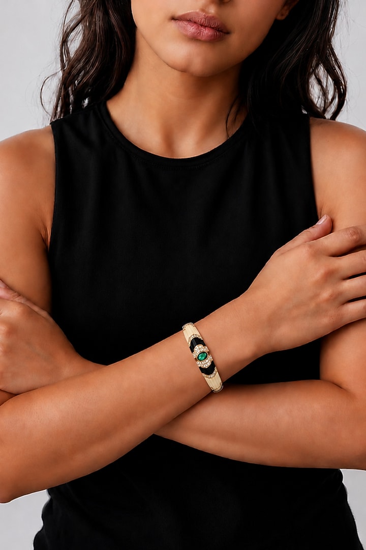 Gold Finish Green Carved Stone Enameled Bangle by Tad Accessories at Pernia's Pop Up Shop