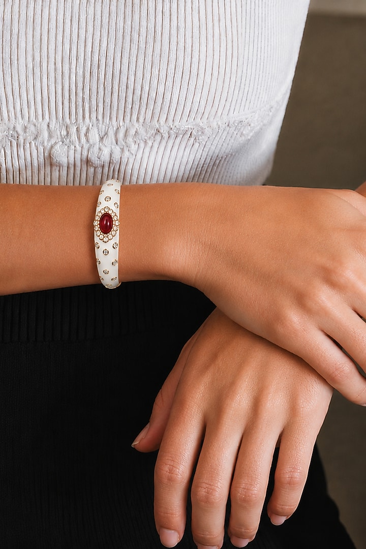 Gold Finish Red Semi-Precious Stone Enameled Bangle by Tad Accessories at Pernia's Pop Up Shop