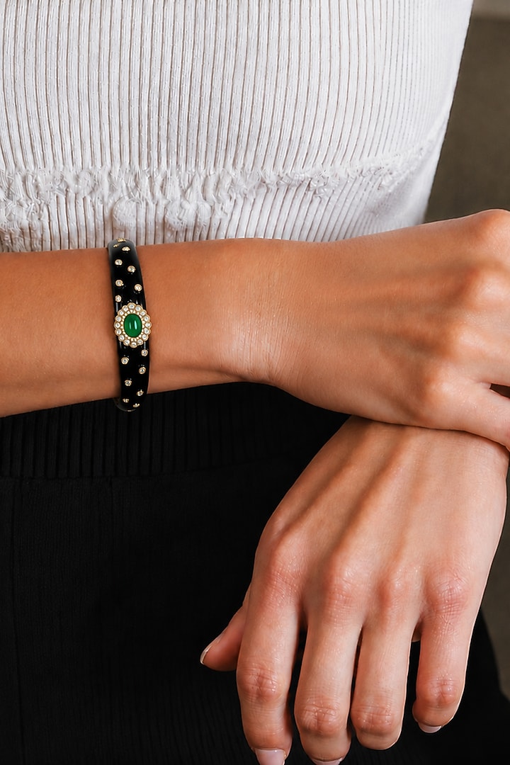 Gold Finish Green Semi-Precious Stone Enameled Bangle by Tad Accessories at Pernia's Pop Up Shop