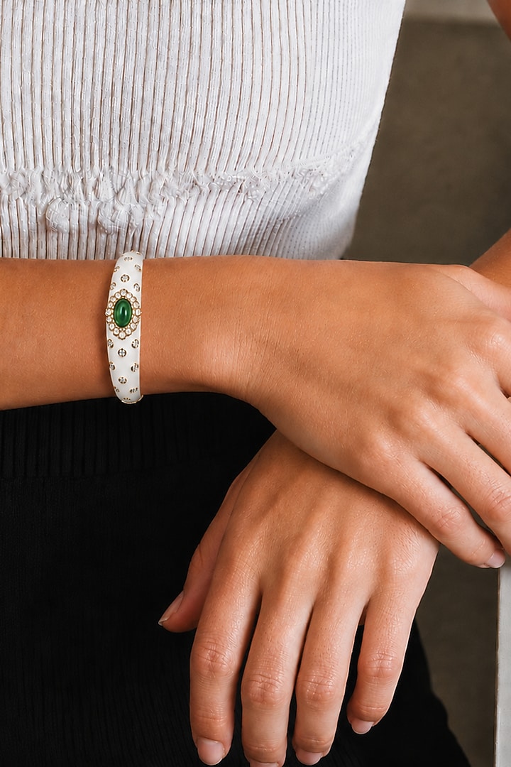 Gold Finish Green Semi-Precious Stone Enameled Bangle by Tad Accessories at Pernia's Pop Up Shop