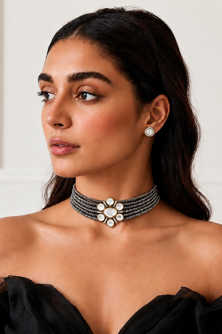 Two-Tone Finish Kundan Polki & Crystal Choker Necklace Set by Tad Accessories at Pernia's Pop Up Shop