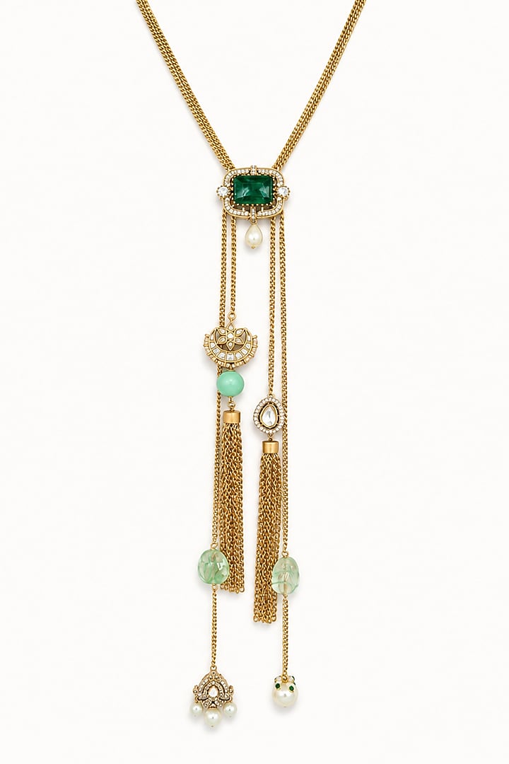 Two-Tone Finish Imitation Polki & Green Semi-precious Stone Necklace by Tad Accessories at Pernia's Pop Up Shop