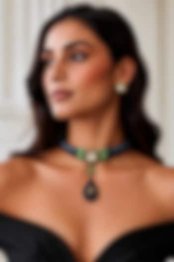 Gold Finish Blue Semi-precious Stone Choker Necklace Set by Tad Accessories at Pernia's Pop Up Shop
