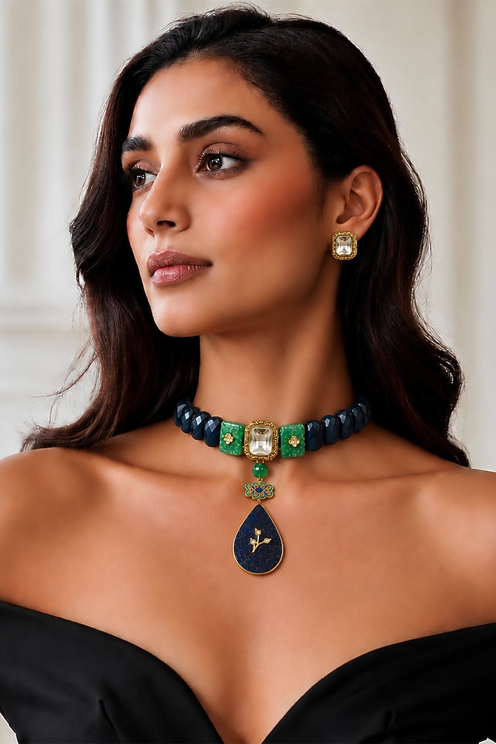 Gold Finish Blue Semi-precious Stone Choker Necklace Set by Tad Accessories at Pernia's Pop Up Shop