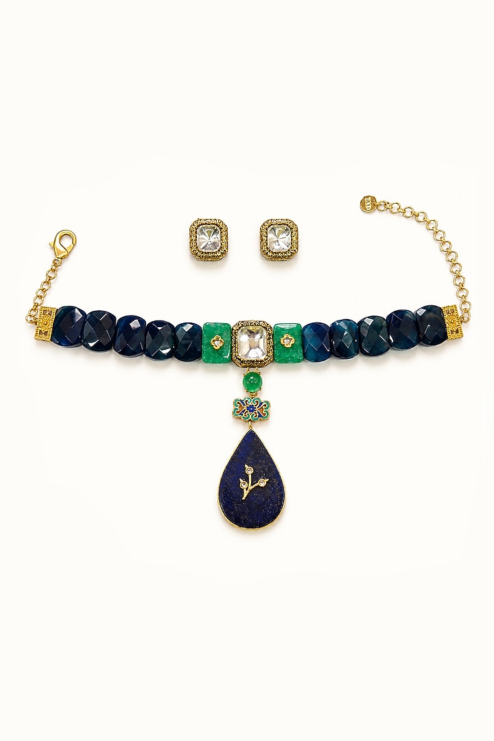 Gold Finish Blue Semi-precious Stone Choker Necklace Set by Tad Accessories at Pernia's Pop Up Shop