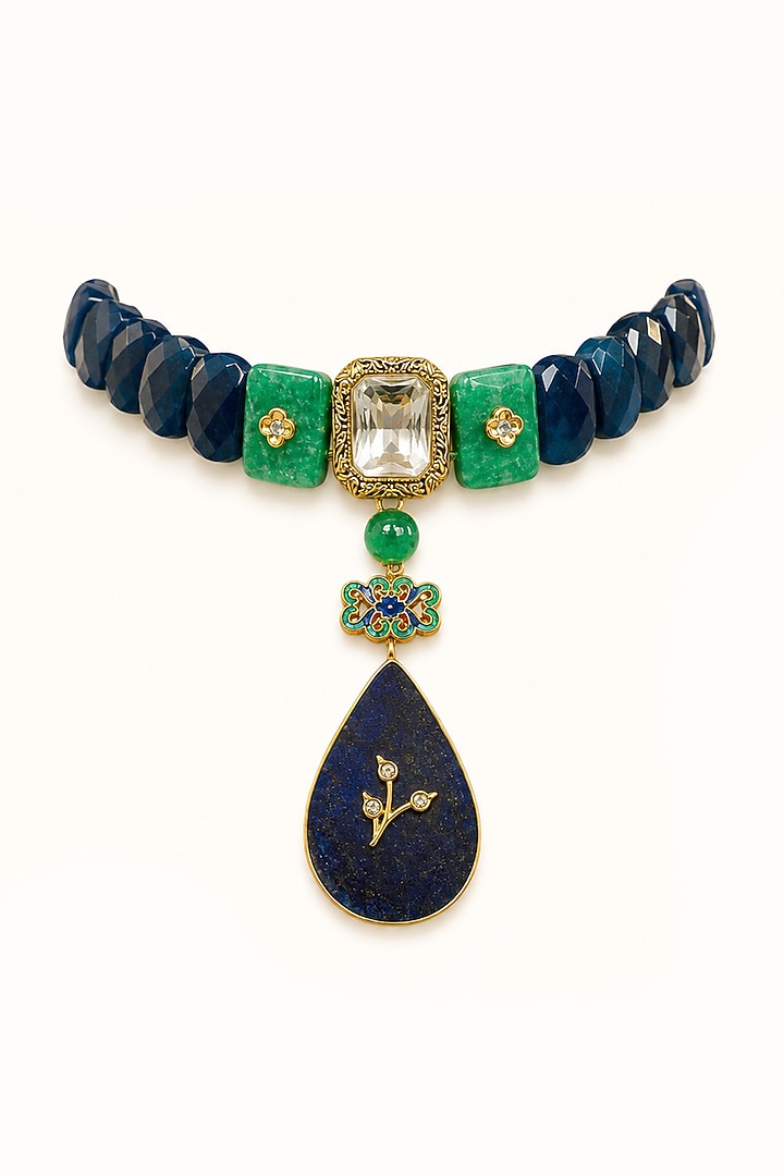 Gold Finish Blue Semi-precious Stone Choker Necklace Set by Tad Accessories at Pernia's Pop Up Shop