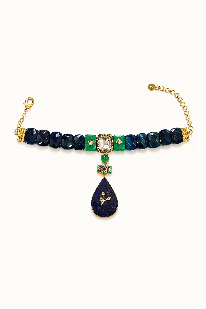 Gold Finish Blue Semi-precious Stone Choker Necklace Set by Tad Accessories at Pernia's Pop Up Shop