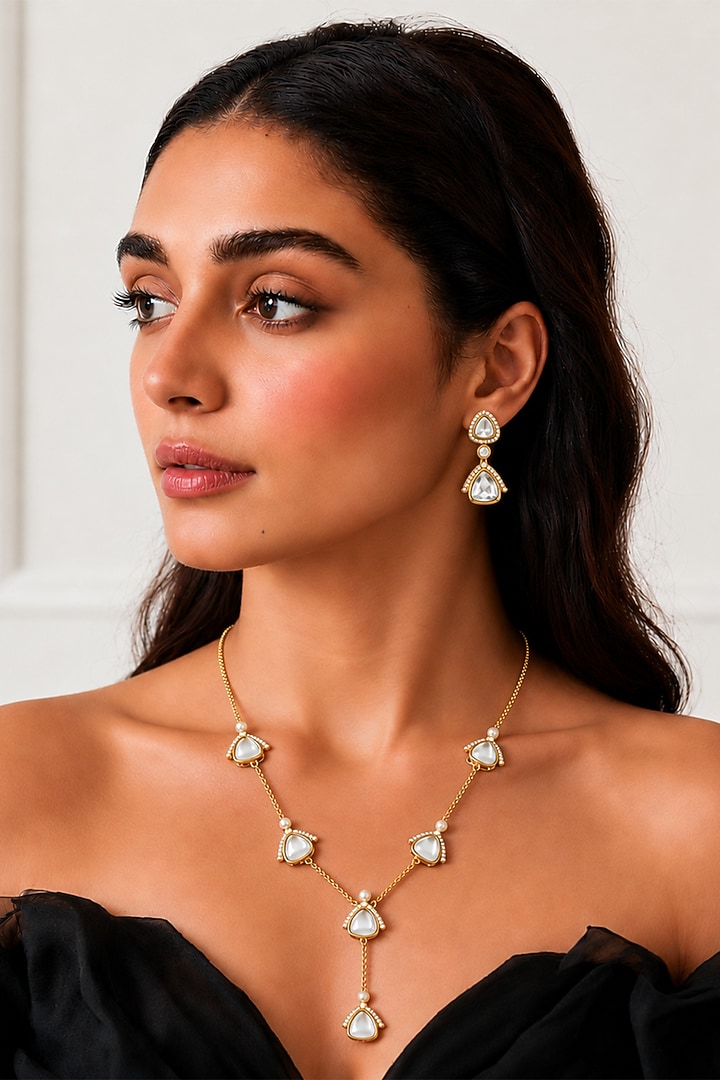 Gold Finish Imitation Polki Necklace Set by Tad Accessories at Pernia's Pop Up Shop