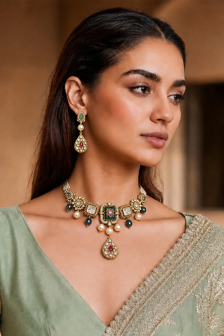 Two-Tone Finish Imitation Polki & Multi-Colored Semi-Precious Stone Necklace Set by Tad Accessories at Pernia's Pop Up Shop