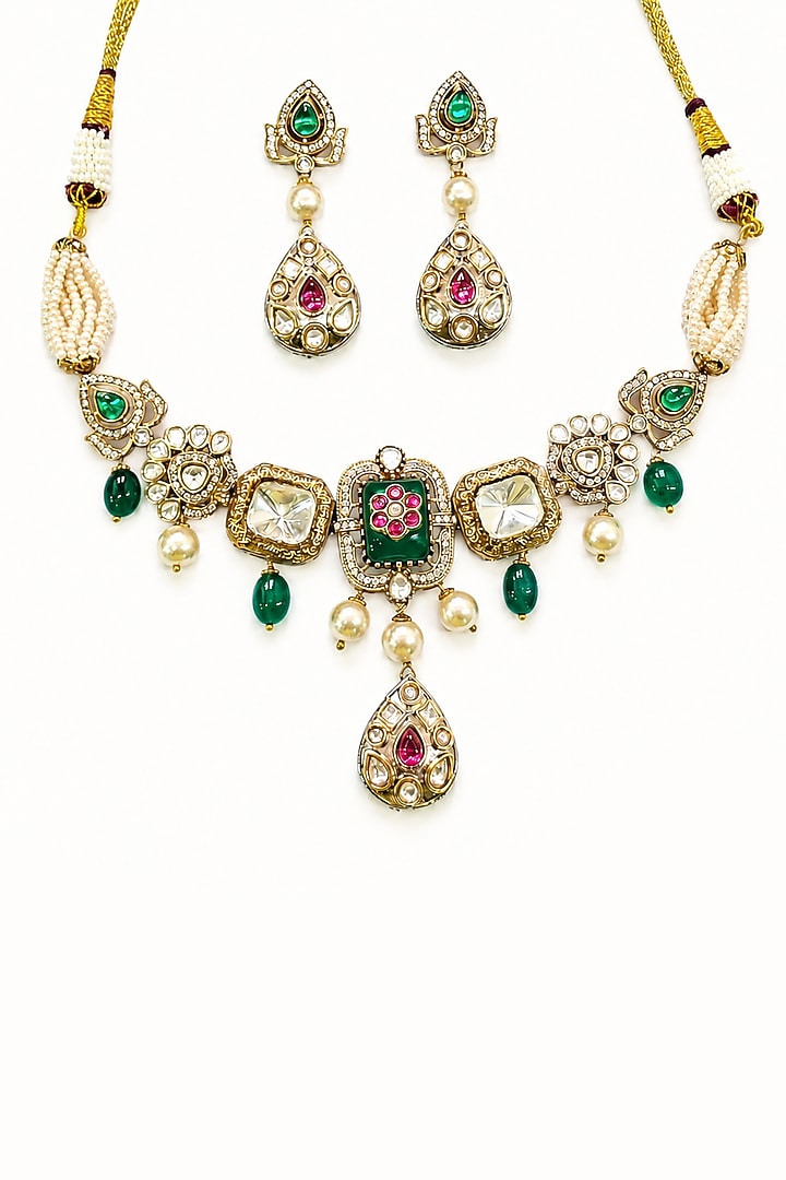 Two-Tone Finish Imitation Polki & Multi-Colored Semi-Precious Stone Necklace Set by Tad Accessories at Pernia's Pop Up Shop