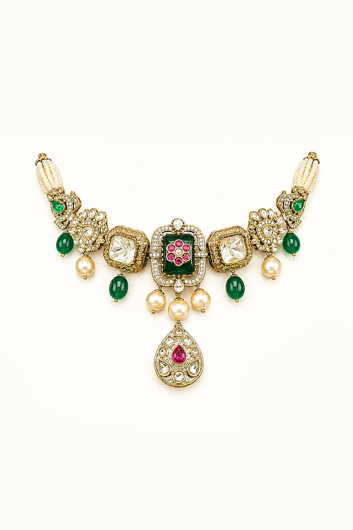 Two-Tone Finish Imitation Polki & Multi-Colored Semi-Precious Stone Necklace Set by Tad Accessories at Pernia's Pop Up Shop
