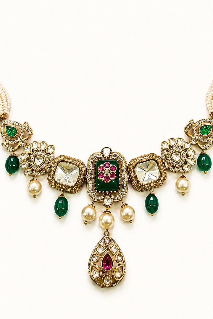 Two-Tone Finish Imitation Polki & Multi-Colored Semi-Precious Stone Necklace Set by Tad Accessories at Pernia's Pop Up Shop