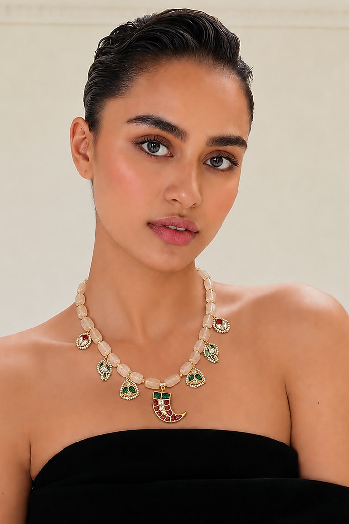 Two-Tone Finish Imitation Polki & Multi-Colored Semi-Precious Stone Necklace by Tad Accessories at Pernia's Pop Up Shop