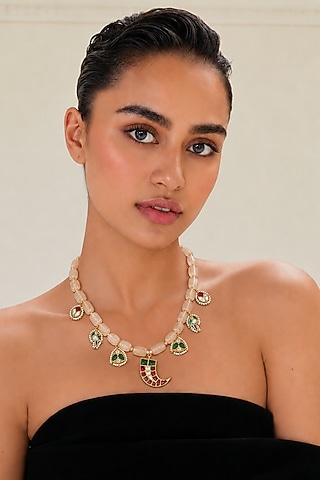 Two-Tone Finish Imitation Polki & Multi-Colored Semi-Precious Stone Necklace  by Tad Accessories
