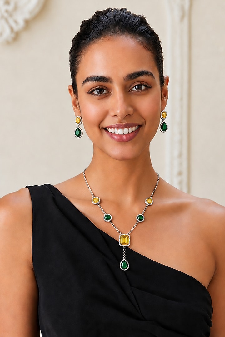 Gold Finish Multi-Colored Semi-Precious Stone Necklace Set by Tad Accessories at Pernia's Pop Up Shop