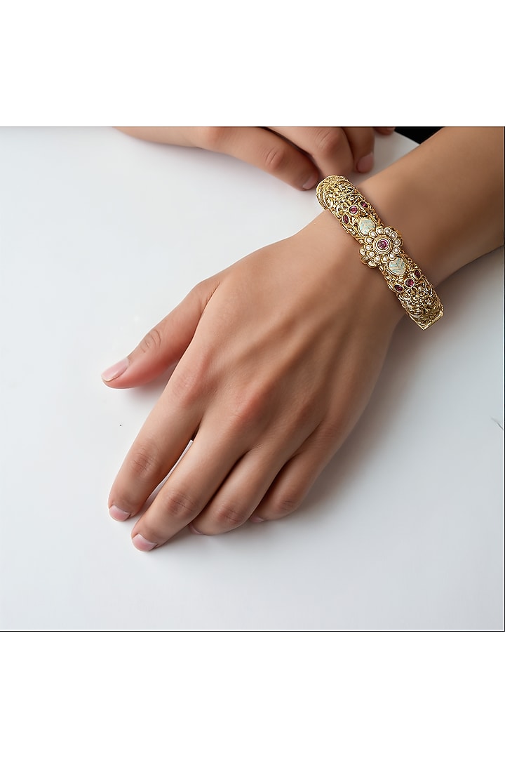 Gold Finish Kundan Polki & Ruby Temple Bangle by Tad Accessories at Pernia's Pop Up Shop
