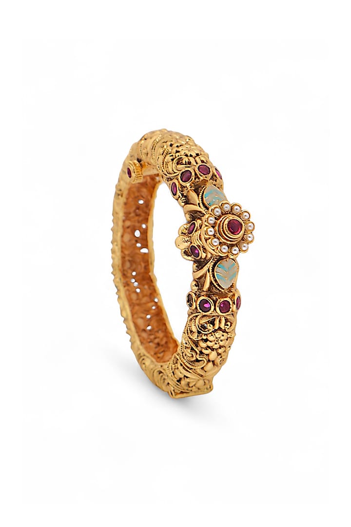 Gold Finish Kundan Polki & Ruby Temple Bangle by Tad Accessories at Pernia's Pop Up Shop