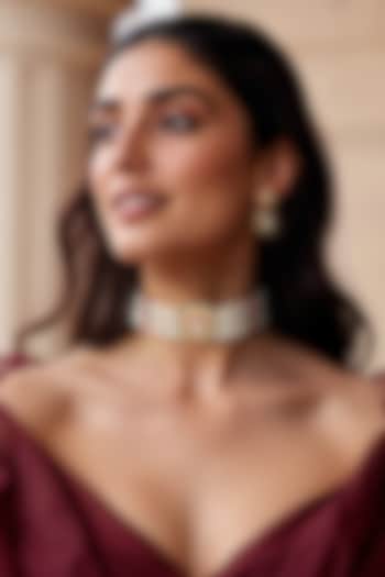 Gold Finish Red Kundan Polki & Semi-Precious Stone Choker Necklace Set by Tad Accessories at Pernia's Pop Up Shop