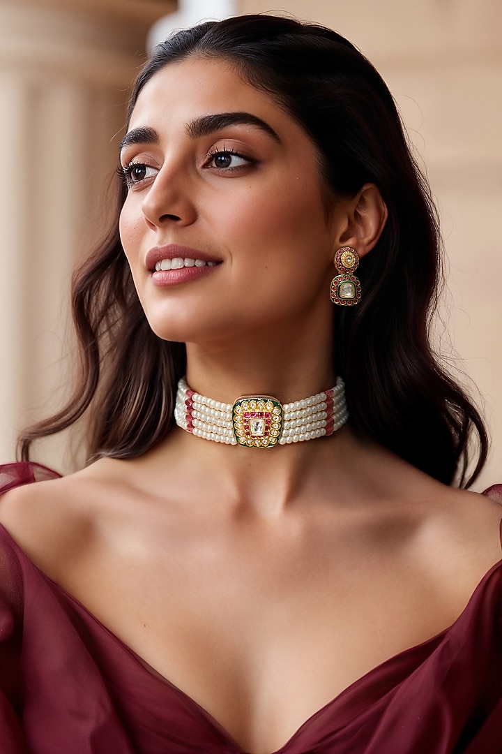 Gold Finish Red Kundan Polki & Semi-Precious Stone Choker Necklace Set by Tad Accessories at Pernia's Pop Up Shop