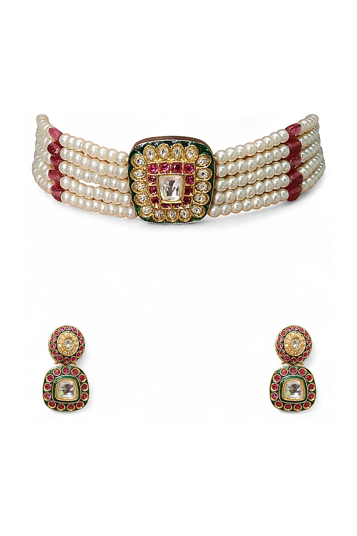 Gold Finish Red Kundan Polki & Semi-Precious Stone Choker Necklace Set by Tad Accessories at Pernia's Pop Up Shop