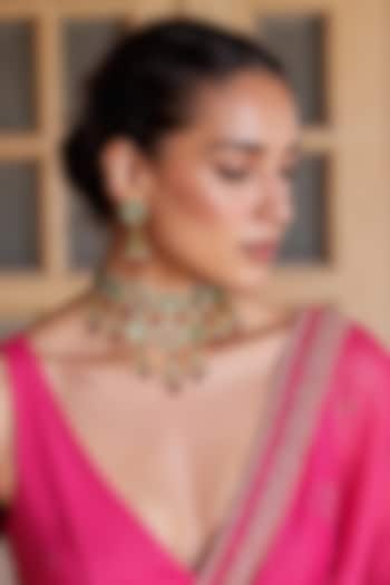 Gold Finish Multi-Colored Kundan Polki & Semi-Precious Stone Necklace Set by Tad Accessories at Pernia's Pop Up Shop