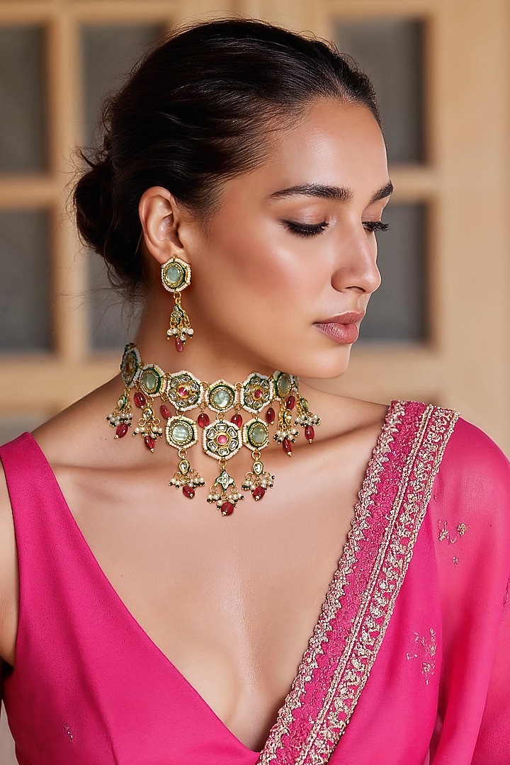 Gold Finish Multi-Colored Kundan Polki & Semi-Precious Stone Necklace Set by Tad Accessories at Pernia's Pop Up Shop