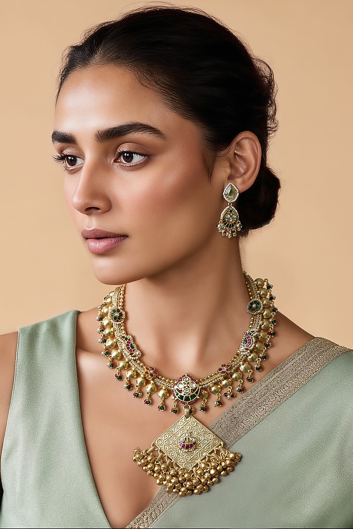 Gold Finish Multi-Colored Kundan Polki & Semi-Precious Stone Necklace Set by Tad Accessories at Pernia's Pop Up Shop