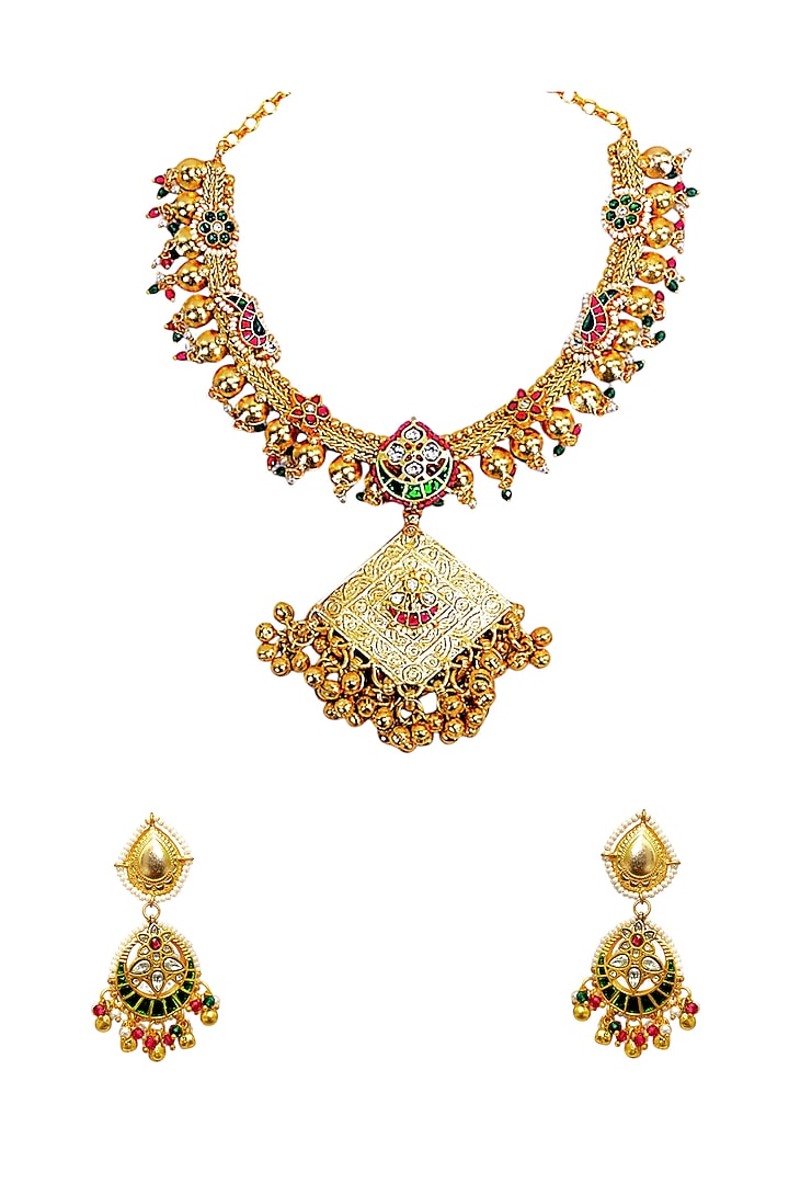 Gold Finish Multi-Colored Kundan Polki & Semi-Precious Stone Necklace Set by Tad Accessories at Pernia's Pop Up Shop